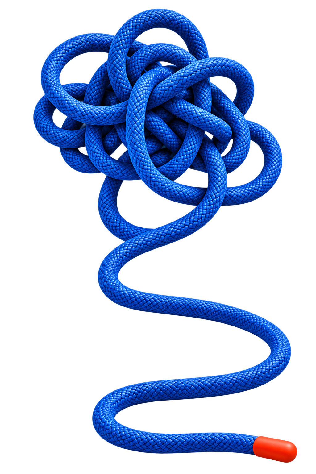 A tangled blue rope becoming a simple flowing line, finished with a bright orange tip.